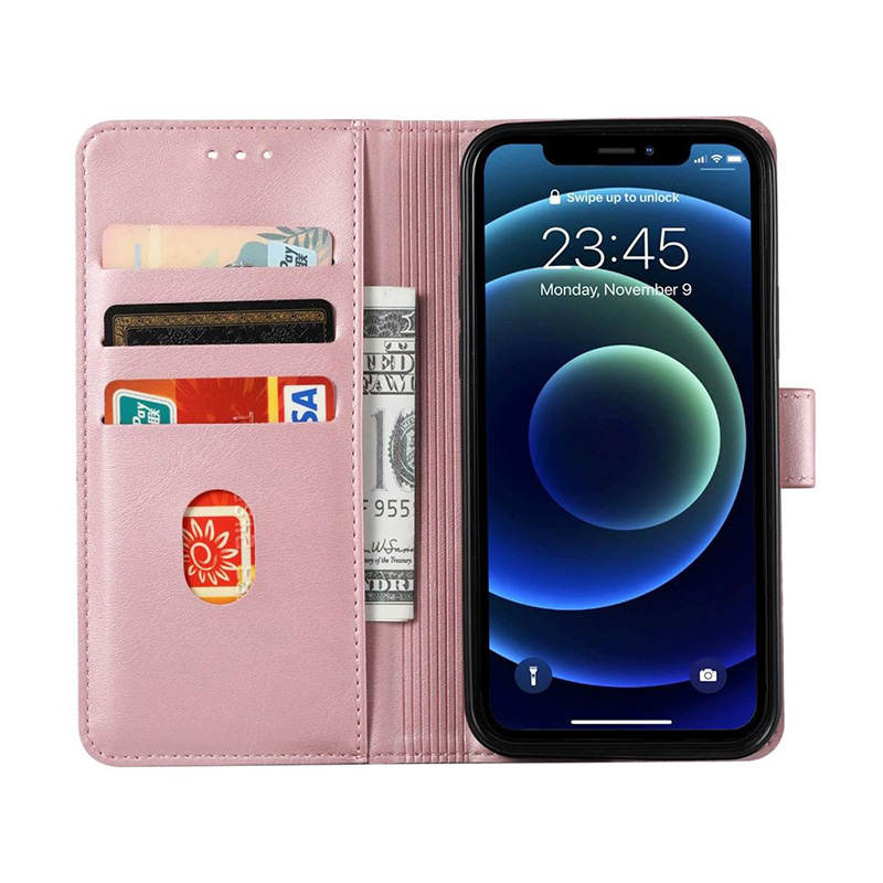 Кожен калъф за iPhone 13 Pro Max отворен с карти - розов