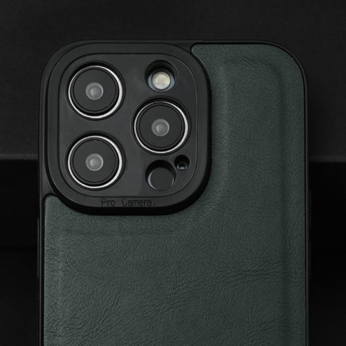 Кожен калъф за iPhone 14 Pro зелен камера