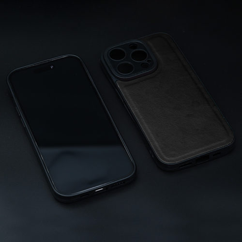 Кожен калъф за iPhone 14 черен отпред и отзад