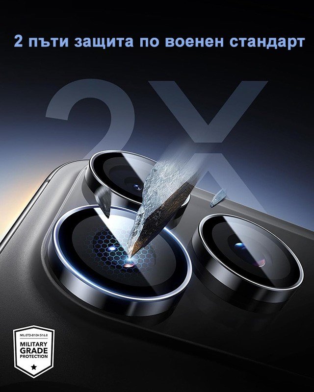 Стъклен протектор за камерата на iPhone 15 Pro Max черен военен стандарт