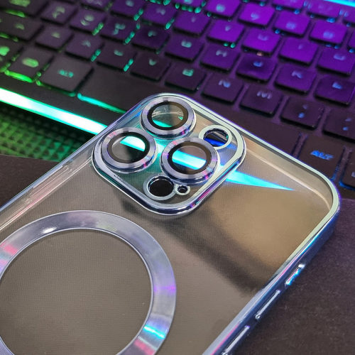 Прозрачен силиконов калъф за iPhone 15 син камера