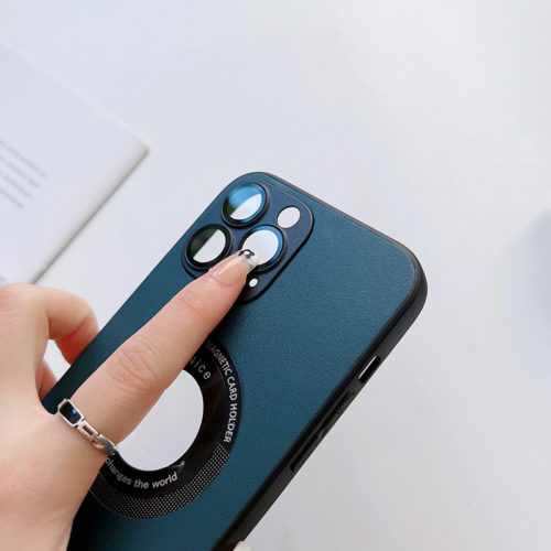 Кожен калъф за iPhone 15 Pro Max със защита на камерата камера син