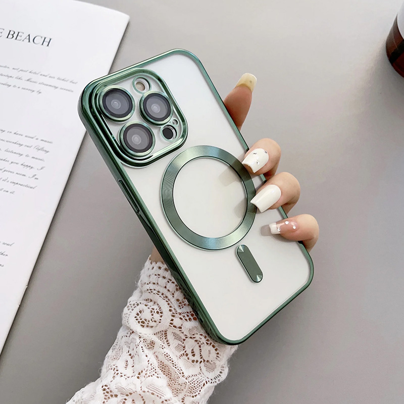 Луксозен твърд калъф за iPhone 15 Pro с пълна защита на камерата зелен отстрани