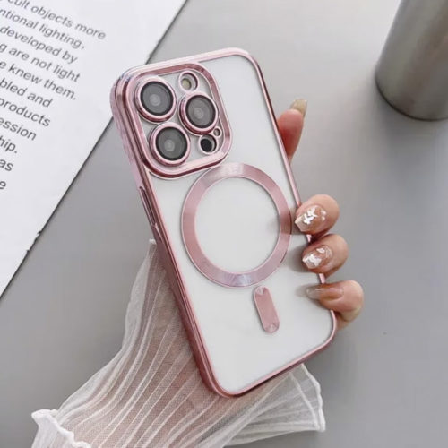 Луксозен твърд калъф за iPhone 15 Pro с пълна защита на камерата розов отстрани