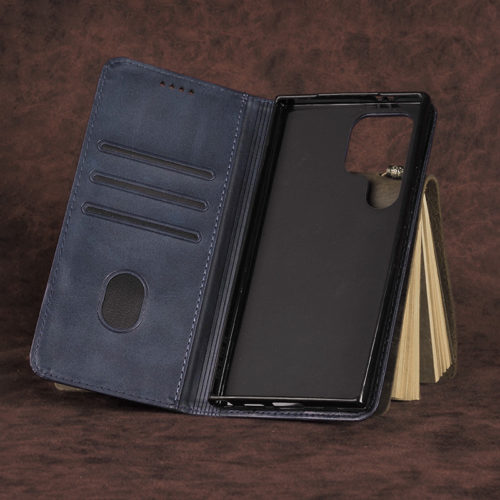 Кожен калъф с магнитен капак за Xiaomi Redmi Note 11S 5G син отворен