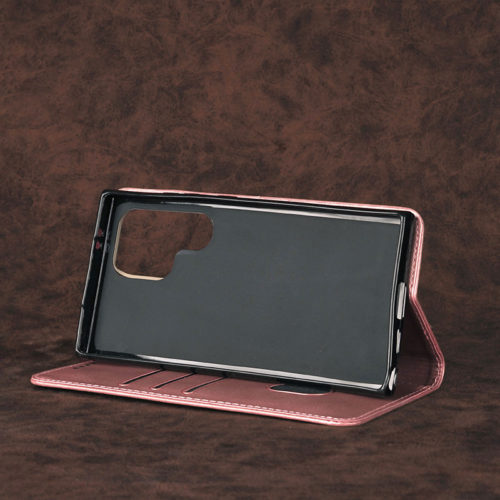 Кожен калъф с магнитен капак за Motorola Edge 40 Neo розов стойка