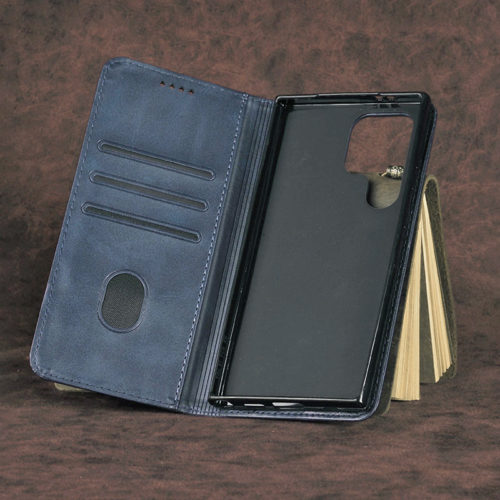 Кожен калъф с магнитен капак за Motorola Moto G04 син отворен