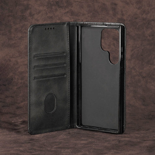 Кожен калъф с магнитен капак за Motorola Moto G04 черен джобове