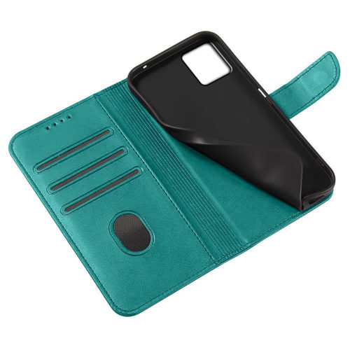 Кожен калъф тефтер с магнитна закопчалка за Motorola Moto G13 зелен отворен