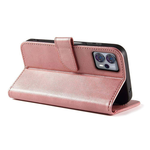 Кожен калъф тефтер с магнитна закопчалка за Motorola Moto G13 розов поставка