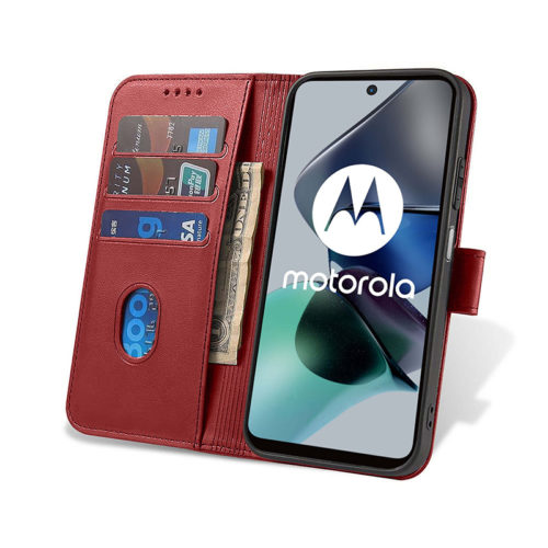 Кожен калъф тефтер с магнитна закопчалка за Motorola Moto G13 червен отворен с джобове