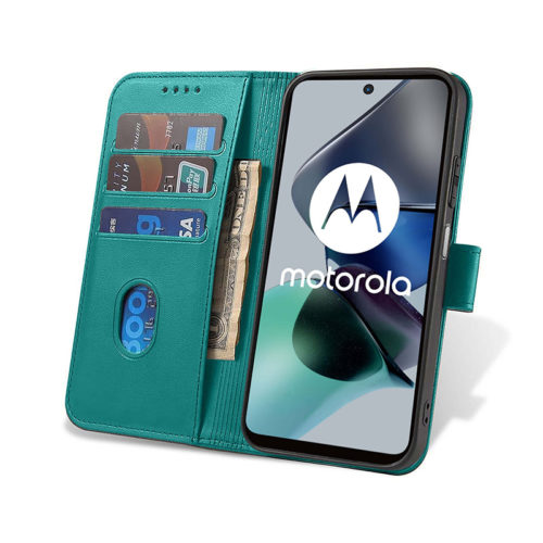 Кожен калъф тефтер с магнитна закопчалка за Motorola Moto G23 зелен отворен с джобове