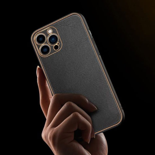 Луксозен кожен калъф за iPhone 14 черен камера гръб