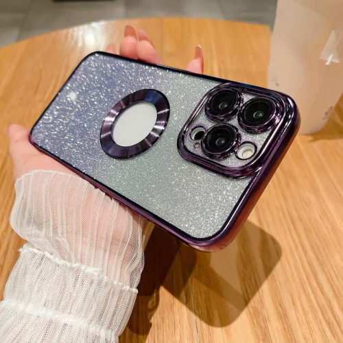 Лъскав калъф с брокат за iPhone 13 Pro лилав камера