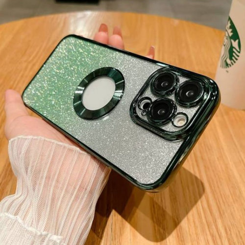 Лъскав калъф с брокат за iPhone 14 зелен камера