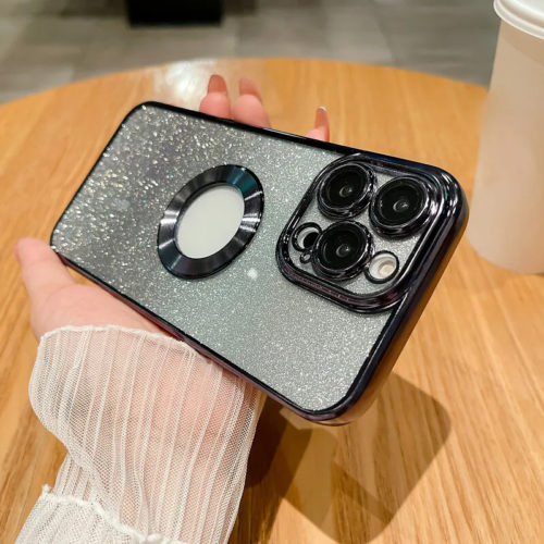 Лъскав калъф с брокат за iPhone 15 Pro черен камера