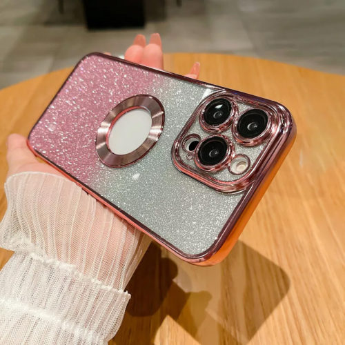 Лъскав калъф с брокат за iPhone 15 розов камера