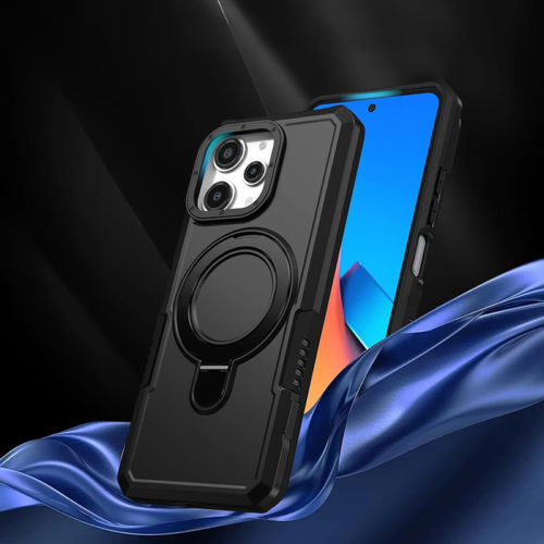 Удароустойчив калъф с опорна скоба за iPhone 15 черен защита камера