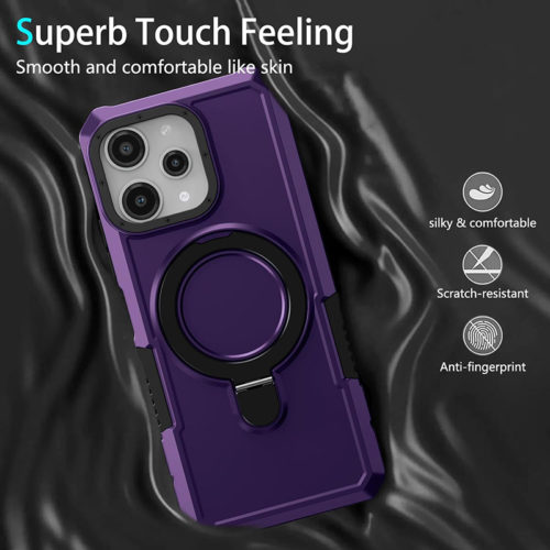 Удароустойчив калъф с опорна скоба за iPhone 15 Pro тъмно лилав против отпечатъци