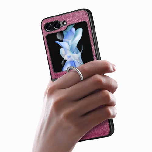 Луксозен кожен калъф с ринг за Samsung Galaxy Z Flip 5 розов пръстен