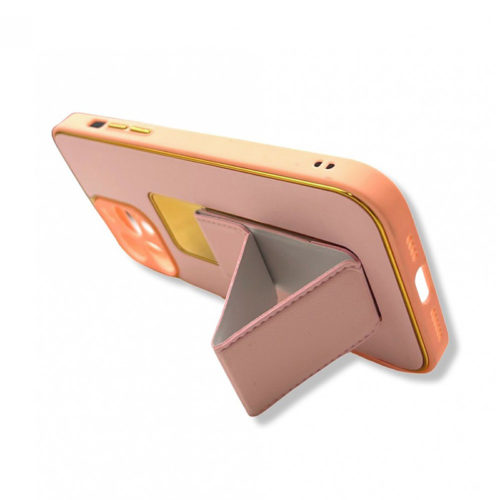 Луксозен кожен калъф със стойка за iPhone 14 Pro Max розов поставка