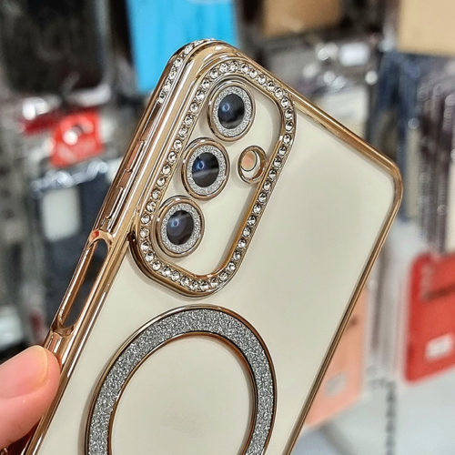 Луксозен калъф с кристали за Samsung Galaxy A25 с magsafe златен камера