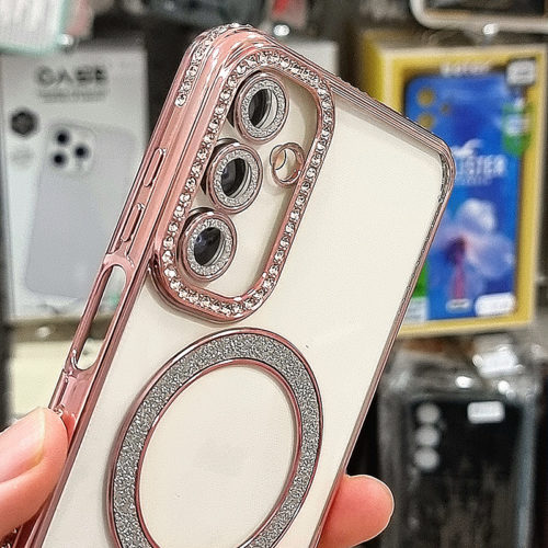 Луксозен калъф с кристали за Samsung Galaxy A54 с magsafe розов камера