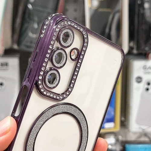 Луксозен калъф с кристали за Samsung Galaxy A55 с magsafe лилав камера