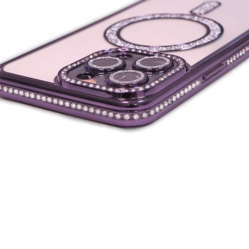 Луксозен калъф с кристали за iPhone 16 Pro лилав камера