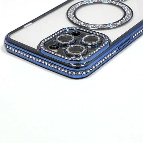 Луксозен калъф с кристали за iPhone 16 Pro син камера