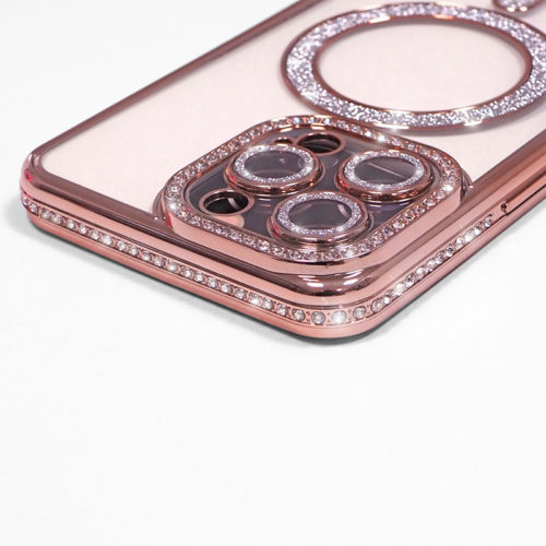 Луксозен калъф с кристали за iPhone 16 златен камера
