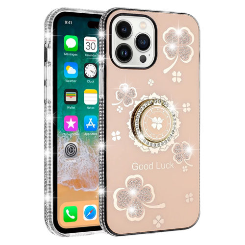 Луксозен лъскав калъф с кристали за iPhone 16 Pro Max розов гръб