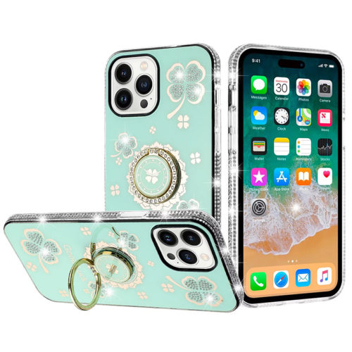 Луксозен лъскав калъф с кристали за iPhone 16 Pro зелен телефон