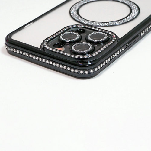 Луксозен калъф с кристали за iPhone 16 Plus черен камера