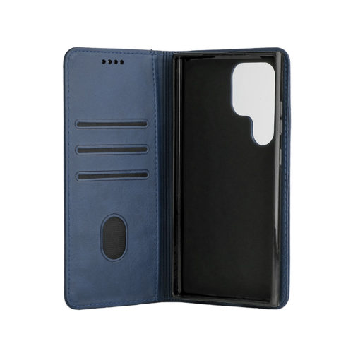 Кожен калъф с магнитен капак за Xiaomi Redmi Note 14 син джобове