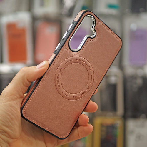 Луксозен кожен калъф с Magsafe за Samsung Galaxy A13 розов отстрани