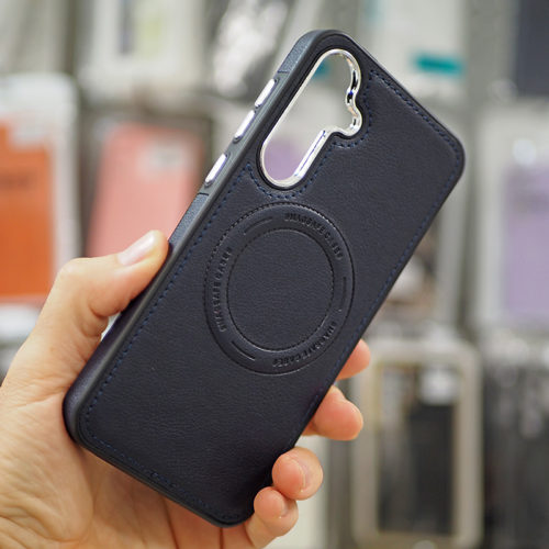 Луксозен кожен калъф с Magsafe за Samsung Galaxy S25 син отстрани