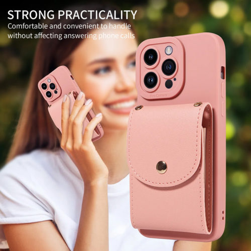 Луксозен калъф с портфейл за iPhone 15 Pro розов удобство