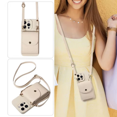 Луксозен калъф с портфейл за iPhone 16 бял презрамка