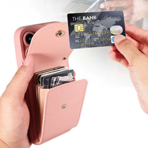 Луксозен калъф с портфейл за iPhone 16 розов портмоне