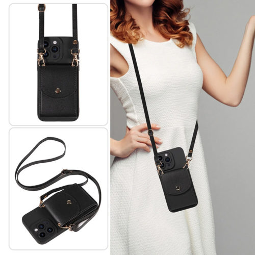 Луксозен калъф с портфейл за iPhone 16 черен презрамка