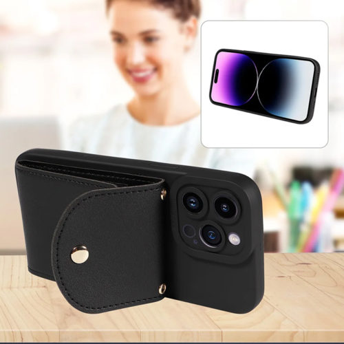 Луксозен калъф с портфейл за iPhone 16 черен стойка