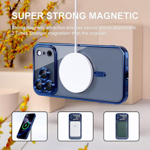 Луксозен прозрачен калъф за iPhone 17 Pro Max син безжично зареждане