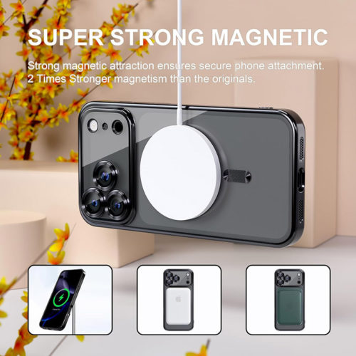 Луксозен прозрачен калъф за iPhone 17 Pro Max черен безжично зареждане