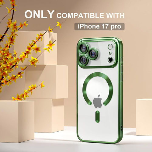Луксозен прозрачен калъф за iPhone 17 Pro зелен красив