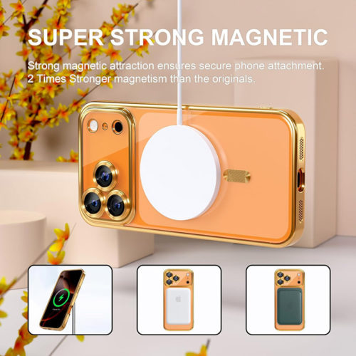 Луксозен прозрачен калъф за iPhone 17 Pro златен безжично зареждане