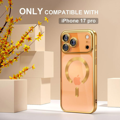 Луксозен прозрачен калъф за iPhone 17 Pro златен красив
