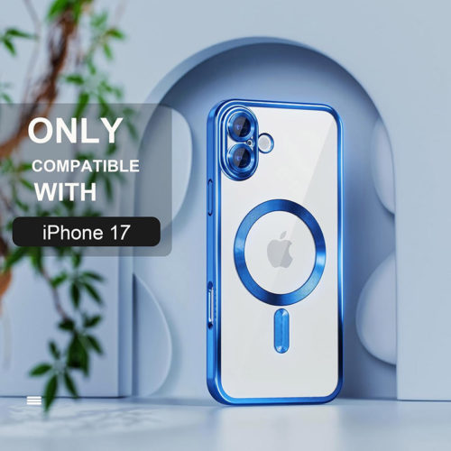 Луксозен прозрачен калъф за iPhone 17 Pro син красив