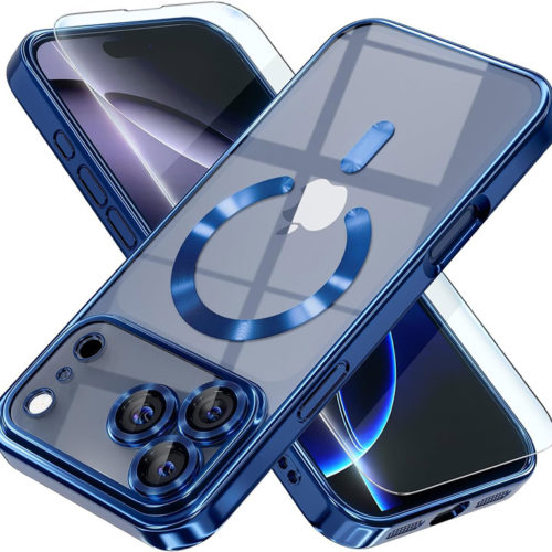 Луксозен прозрачен калъф за iPhone 17 Pro син телефони