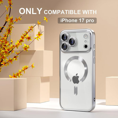 Луксозен прозрачен калъф за iPhone 17 Pro сребърен красив